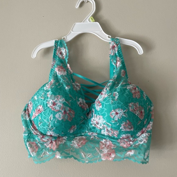 NWOT PINK Victoria’s Secret Strappy Lace Push Up Bra, Aqua Floral - Picture 3 of 8